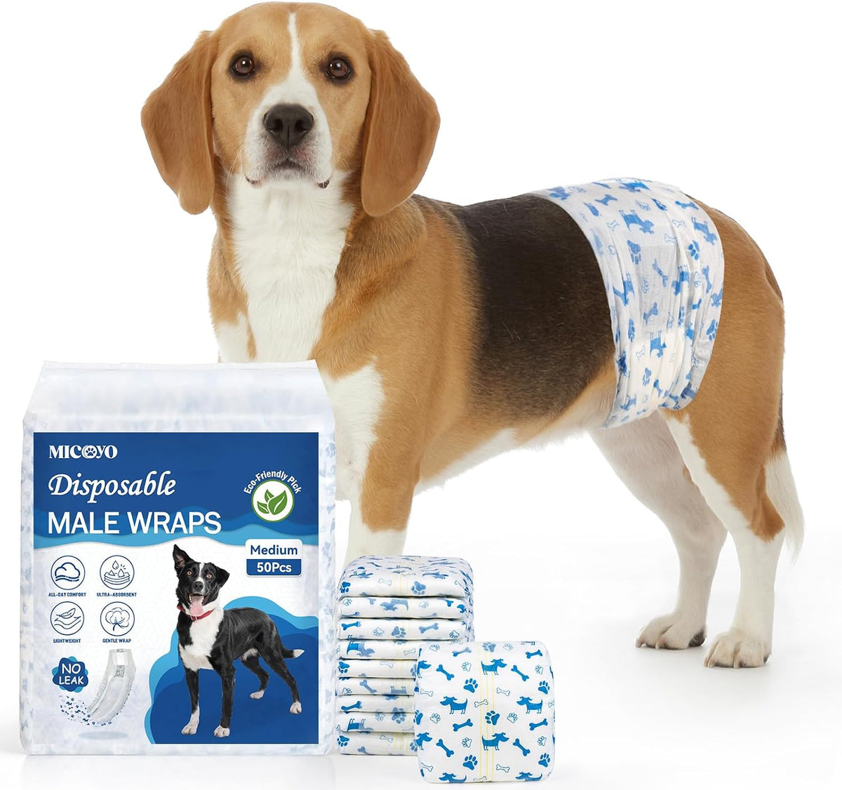 MICOOYO Dog Diapers Male Disposable Super Absorbent Male Dog Wraps - Medium / 50