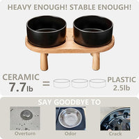 Ceramic Elevated Dog Bowls, Pet Food and Water Bowl Set for Large Dogs, 7.5 Cups Dog Bowls Raised with Wood Stand, 61OZ, Black