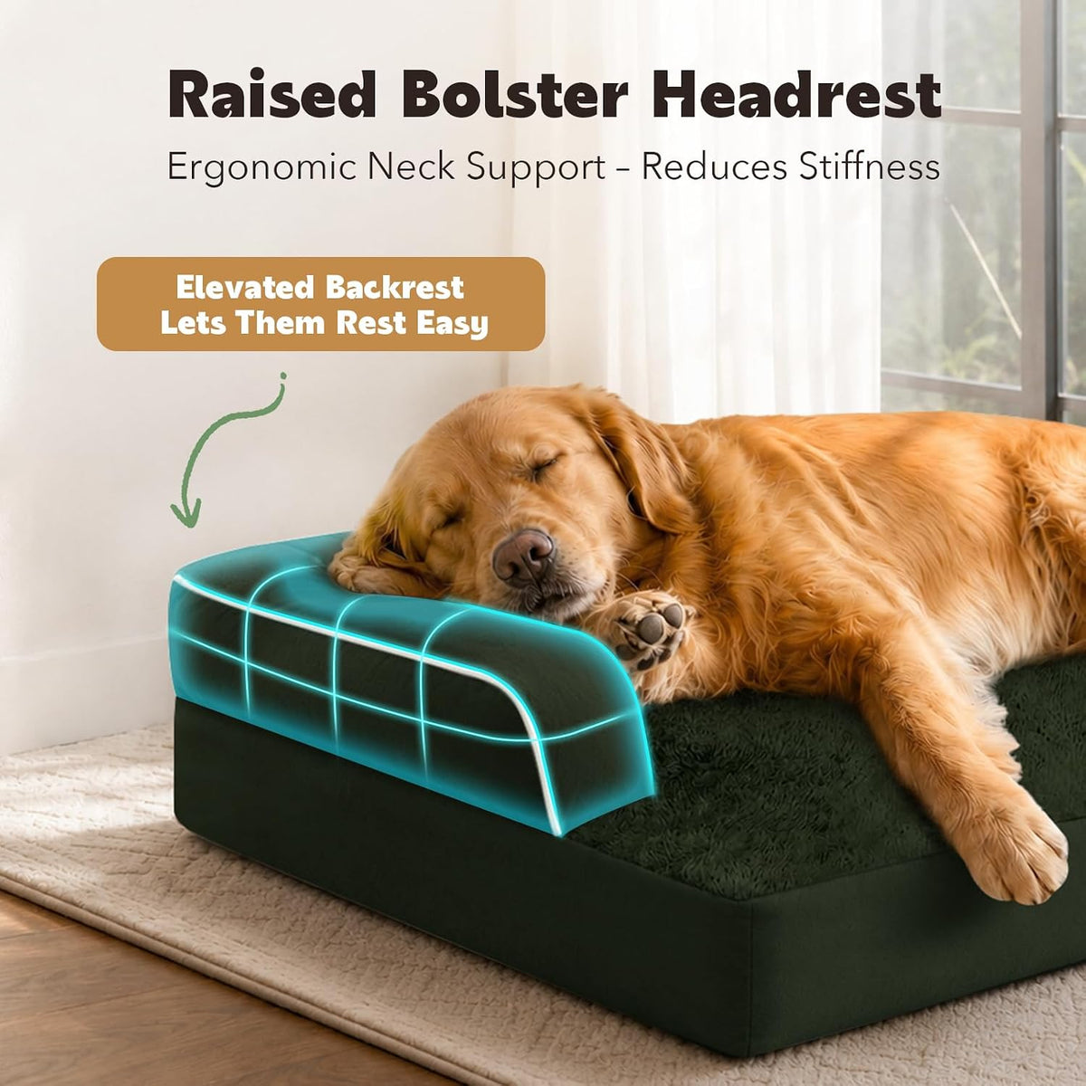 Orthopedic Washable Dog Bed with Bolster for Medium to Large Dogs – Essentials for Dogs - 38.0"L x 25.0"W x 6.5"Th / Outpost Olive - image 2