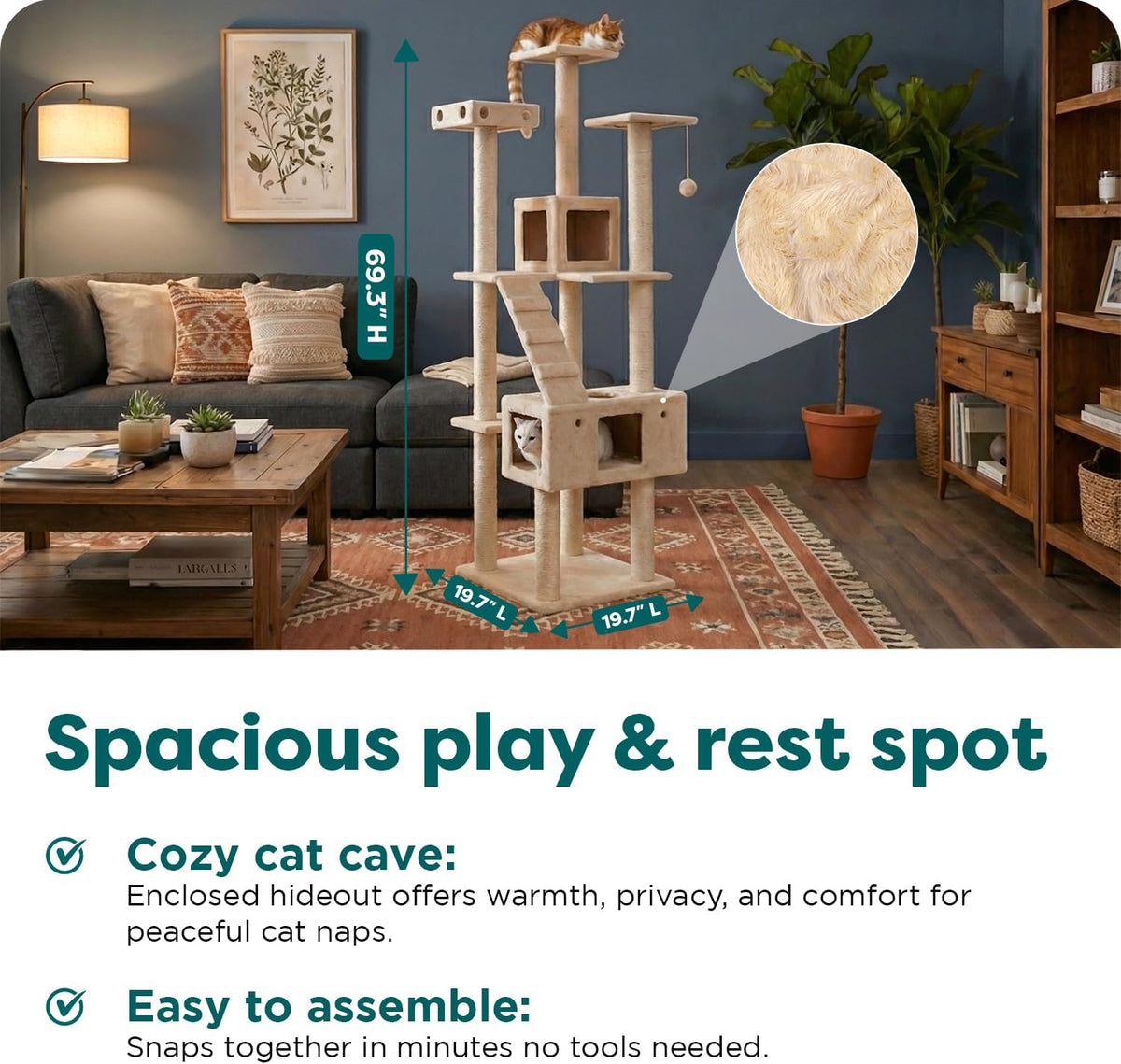 FurHaven 69.3" Tall Cat Scratching Post Tower for Indoor Cats - Cat Tower / Double Decker Playground (Cream) - image 3