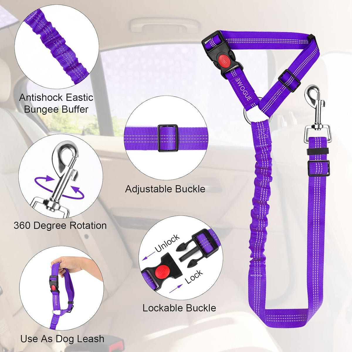 2 Pack Dog Seat Belt for Car, Headrest Restraint Safety Leads – Essentials for Dogs - Purple / Elastic - image 3