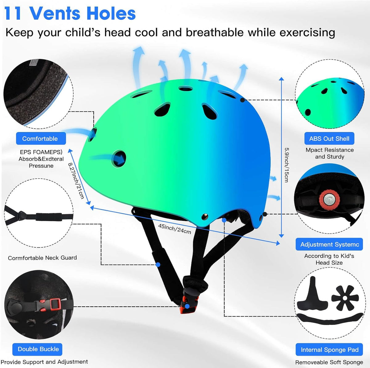 Toddler Kids Bike Helmet Set with Knee Elbow Pads - Cyanblue / Small: 20.1"-21.2"/51-54cm - image 3