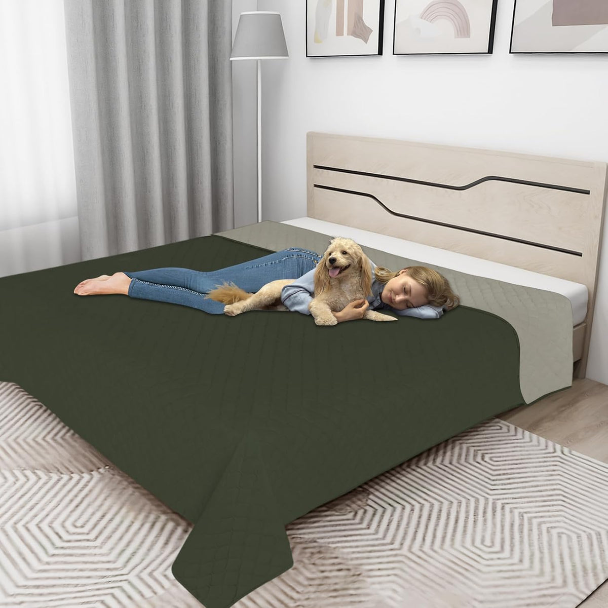 Easy-Going 100% Waterproof Dog Bed Cover Reversible Leak Proof Couch - Army Green/Beige / 52x86 Inch - image 2