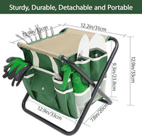 Garden Tool Set, 10 Piece Kit with Heavy Duty Folding Stool, Detachable Storage Tote Bag, Stainless Steel Tools, Gifts for Women Men Green