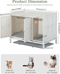 Cat Litter Box Enclosure Furniture with Divider, Handwoven Rattan Litter Box with Mat, 31.2 x 19.6 x 24.2 Inches, Metal Heightened Feet, Hidden Cat House for Living Room, Bedroom (White)