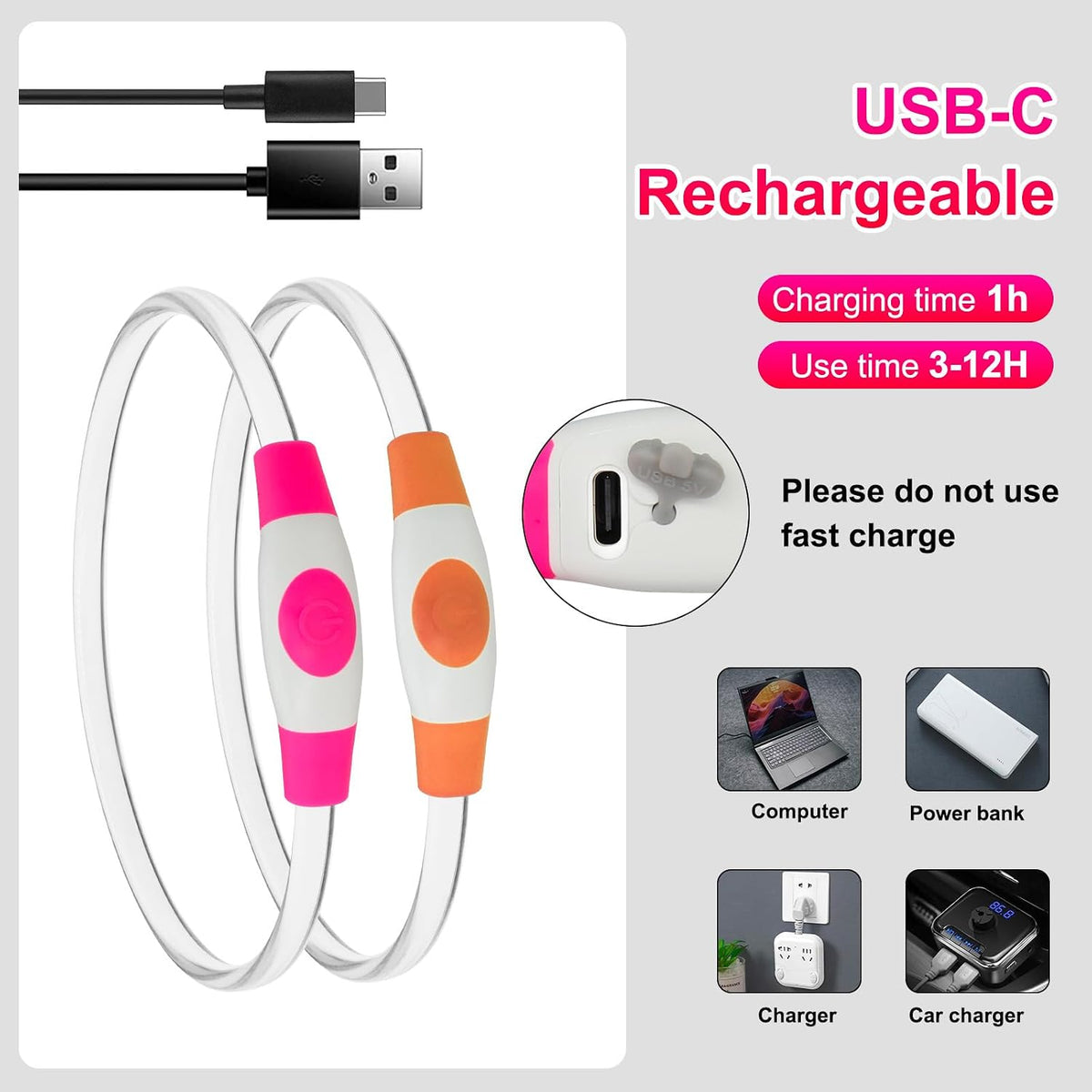 2 Packs Light Up Dog Collar - Pink+Orange - image 4