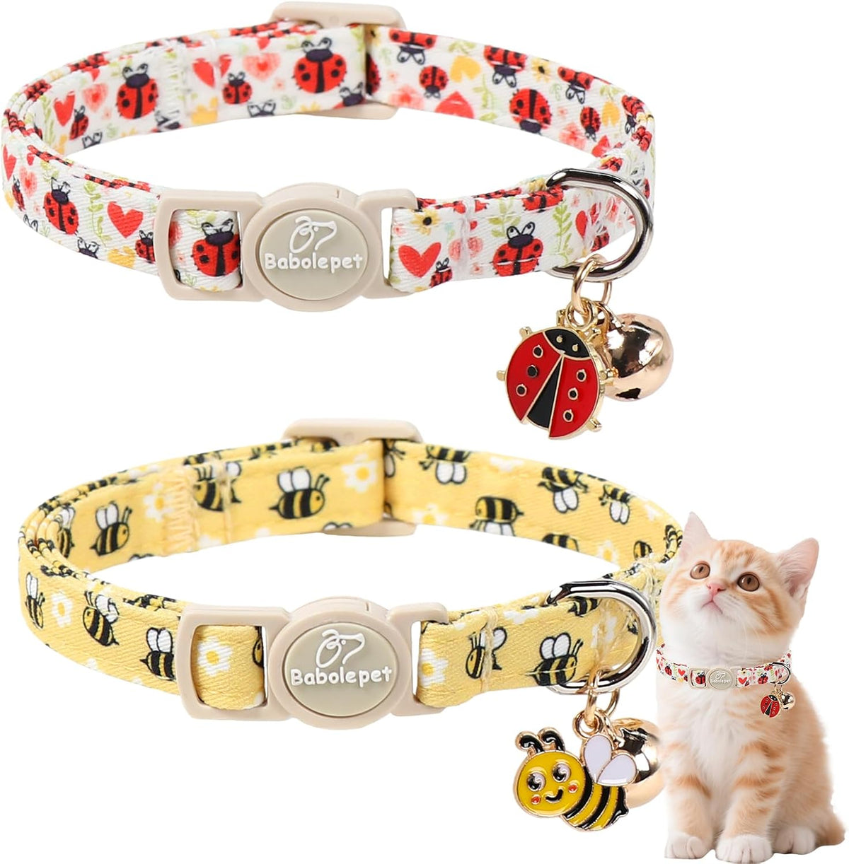 2 Pack Cute Cat Collars - Cartoon Bee Ladybug Breakaway Cat Collar with Bell & Matching Pendant - Bee&Ladybug