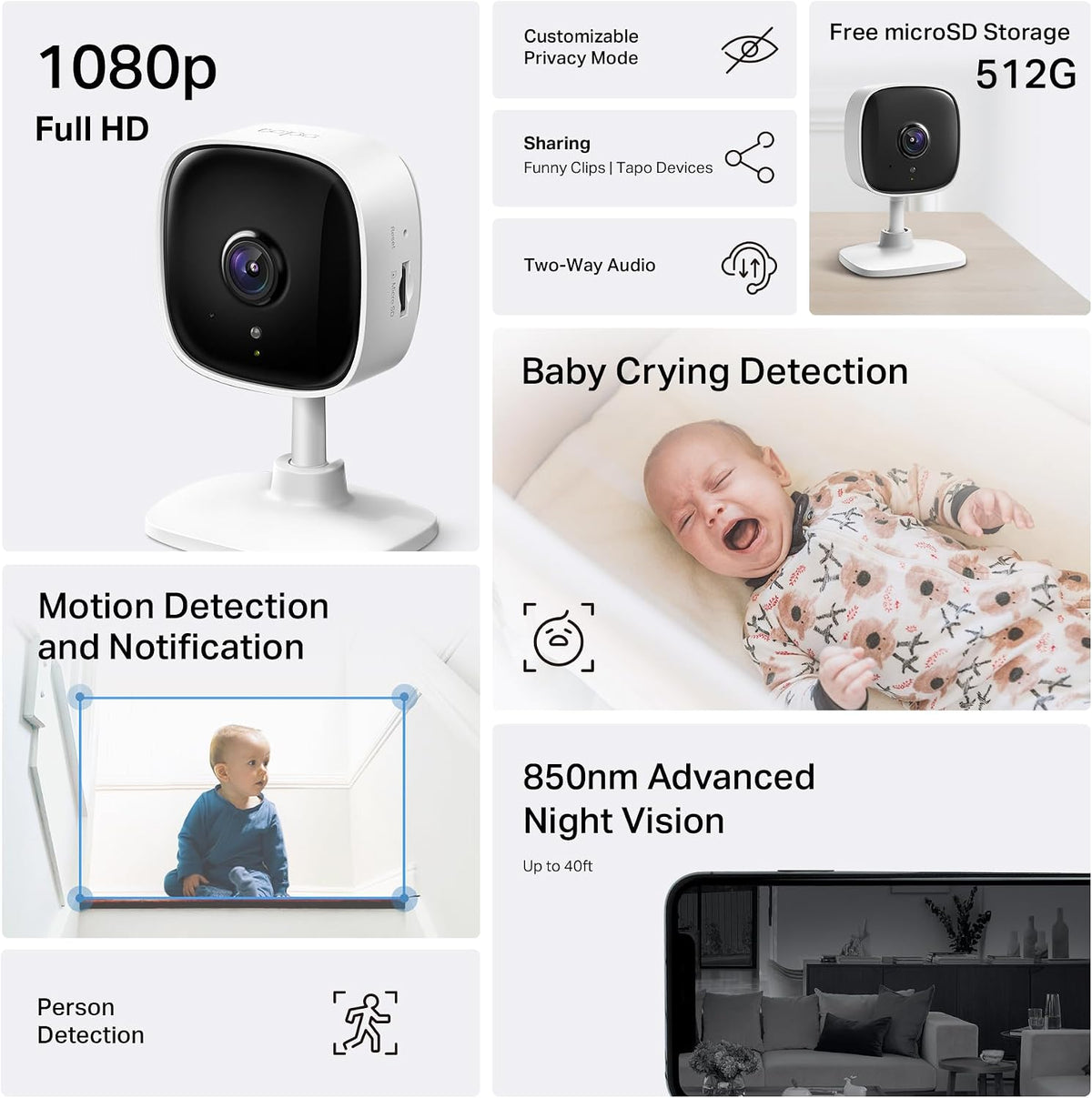 Tapo 1080P Indoor Security Camera, Baby Monitor, Dog Camera - 1080P / White / 4-Pack - image 2