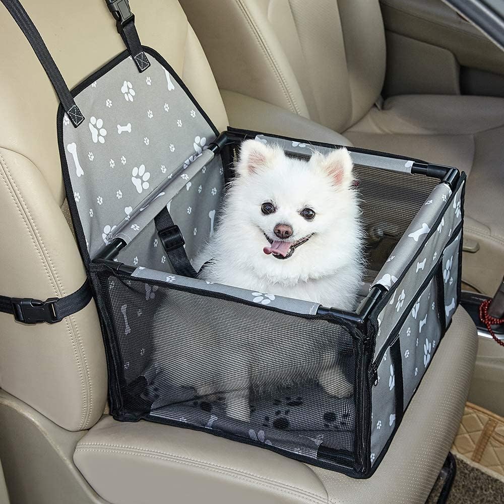 GENORTH Dog Car Seats for Small and Medium Dogs - Grey with Footprints / Up to 20 lb
