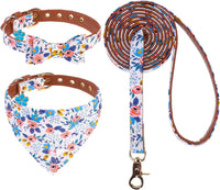 Dog Collar and Leash Set - Embroidery Floral Dog Bow Tie and Bandana Collar with Bell, Cute Flower - Flower Blue / Small