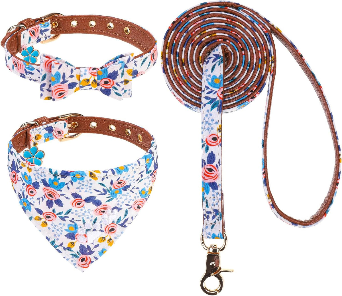 Dog Collar and Leash Set - Embroidery Floral Dog Bow Tie and Bandana Collar with Bell, Cute Flower - Flower Blue / Small