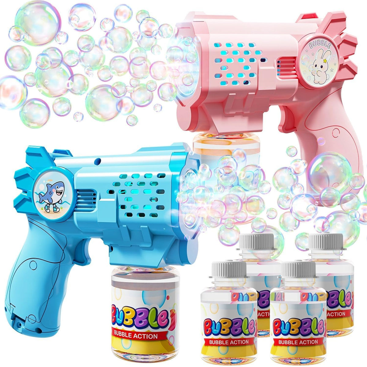 EagleStone Bubble Machine Guns 2 Packs with 2 Solutions 20 Concentrate – Fun for Kids & Family - Blue,light Pink