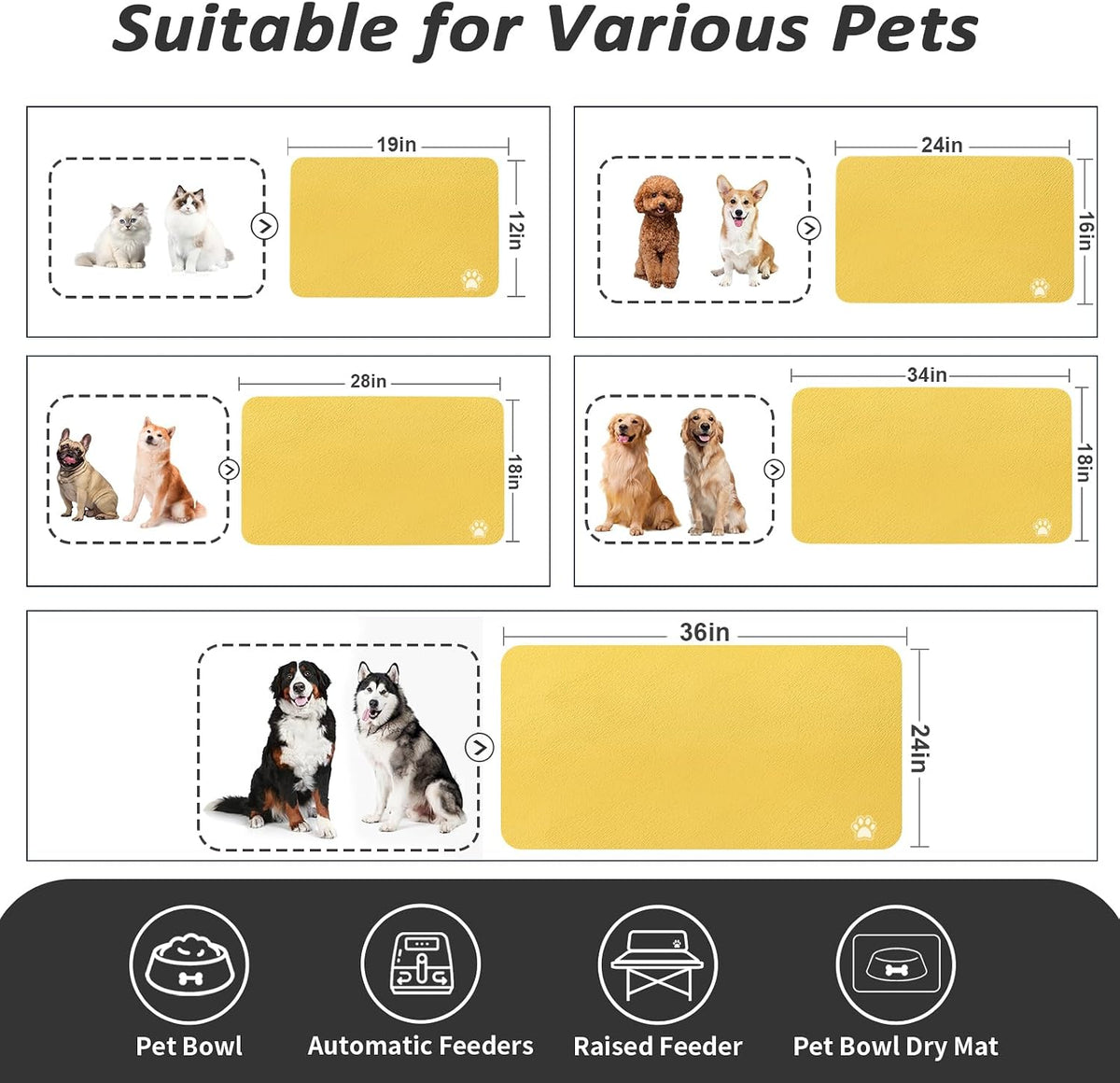 HotLive Dog Food Mat, Absorbent Cat Mat for Food and Water - Paw Yellow / 34"L x 18"W - image 2