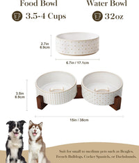 MALACASA Dog Bowl Set, Ceramic Bowls with Walnut Wood Stand - Rhombic+Polka Dots / 4 Cups - image 2