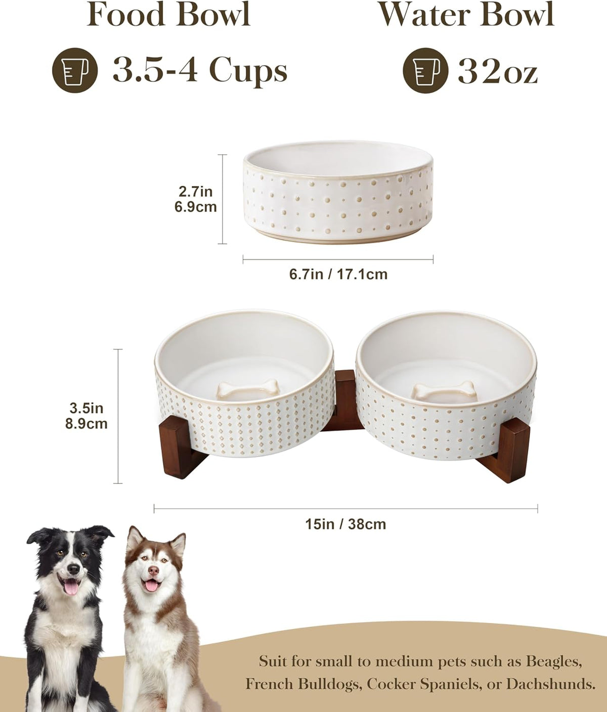 MALACASA Dog Bowl Set, Ceramic Bowls with Walnut Wood Stand - Rhombic+Polka Dots / 4 Cups - image 2