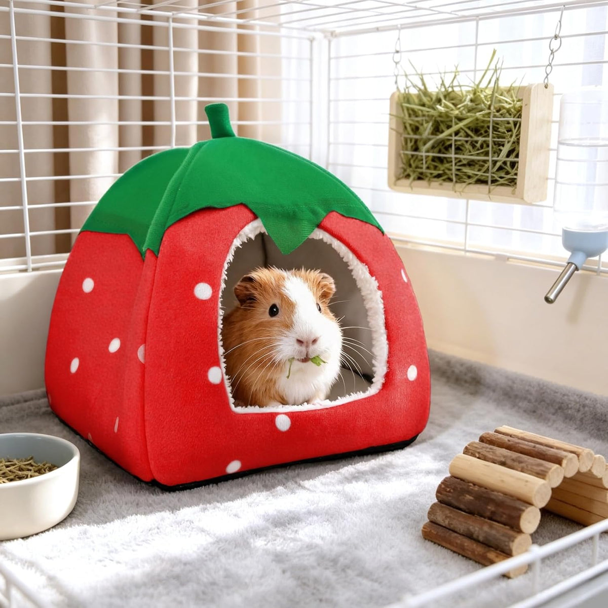 Guinea Pig Hideout Bed, Dwarf Rabbit House Cave – Daily Care for Small Pets - Red - image 2