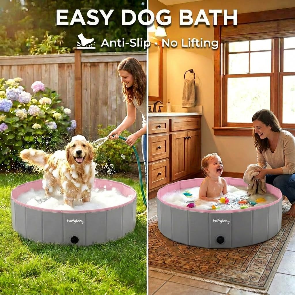 Furrybaby Foldable Dog Pool Non-Slip Hard Bath Tub Indoor Outdoor - 64*12inch / Grey,pink - image 4