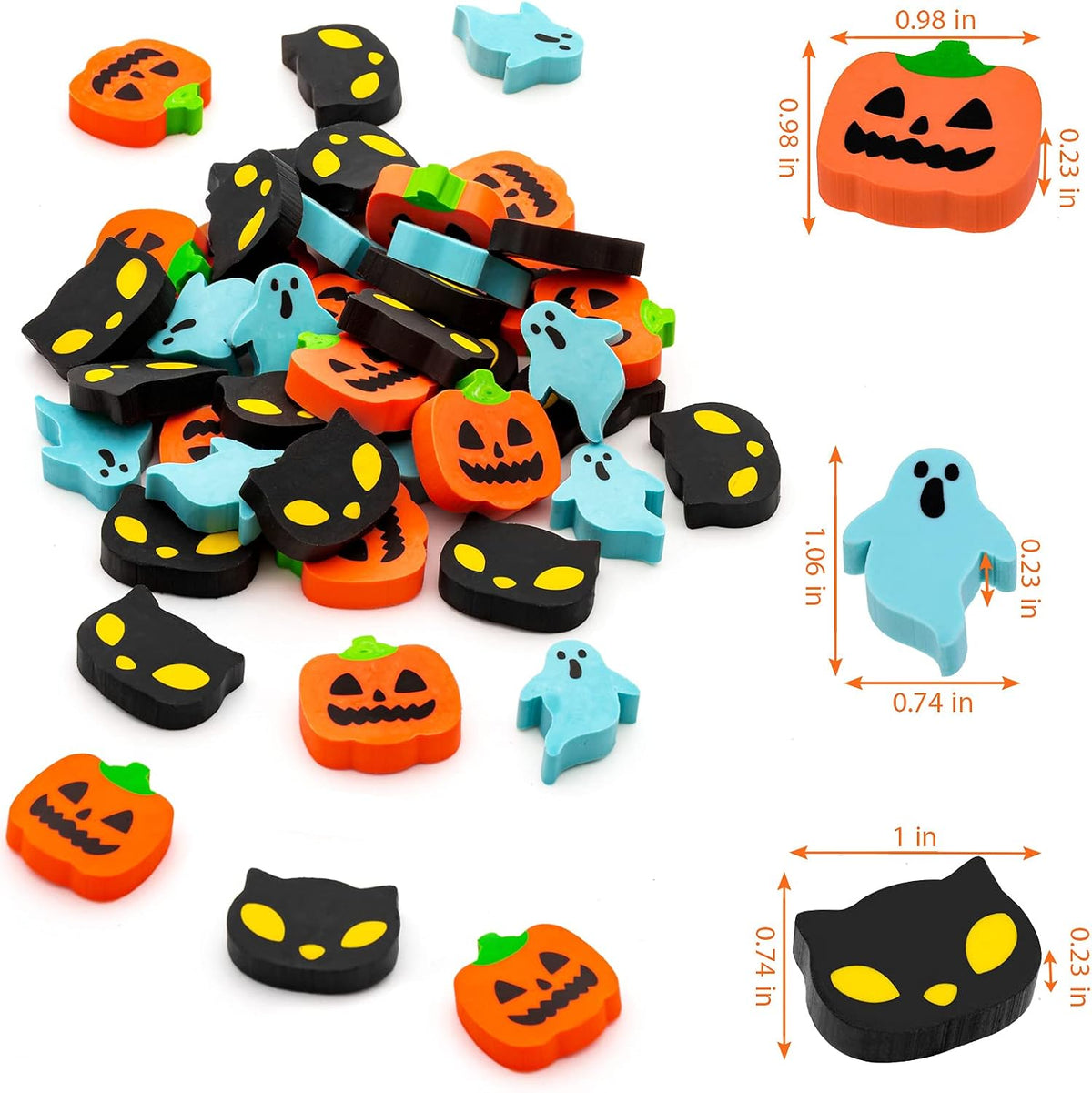 YGAOHF 60 mini Halloween erasers in pumpkin, ghost and bat shapes - view 3