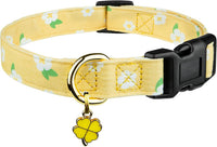 Cotton Dog Collar White and Pink Love Heart with Pendant Cute Dog - Yellow Flower / S