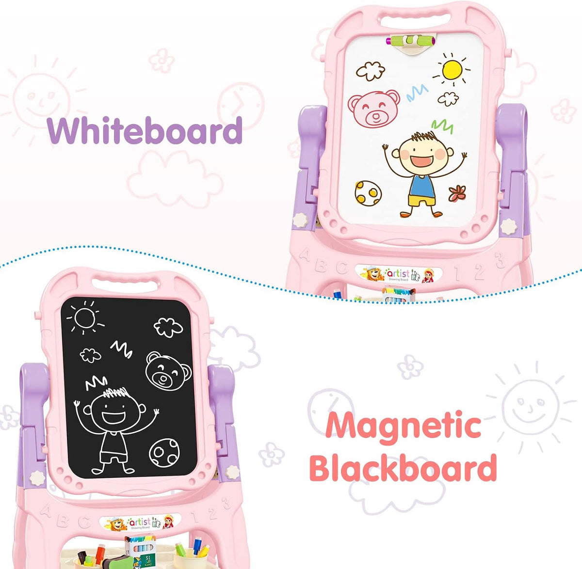 Amagoing Easel for Kids, Adjustable Standing Art Easel for Toddler, Double Side White Chalk Board - pink - image 3