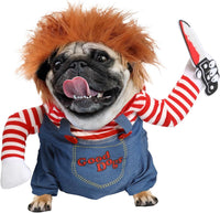 T2Y Chucky dog costume in denim with wig and detachable felt knife for large dogs