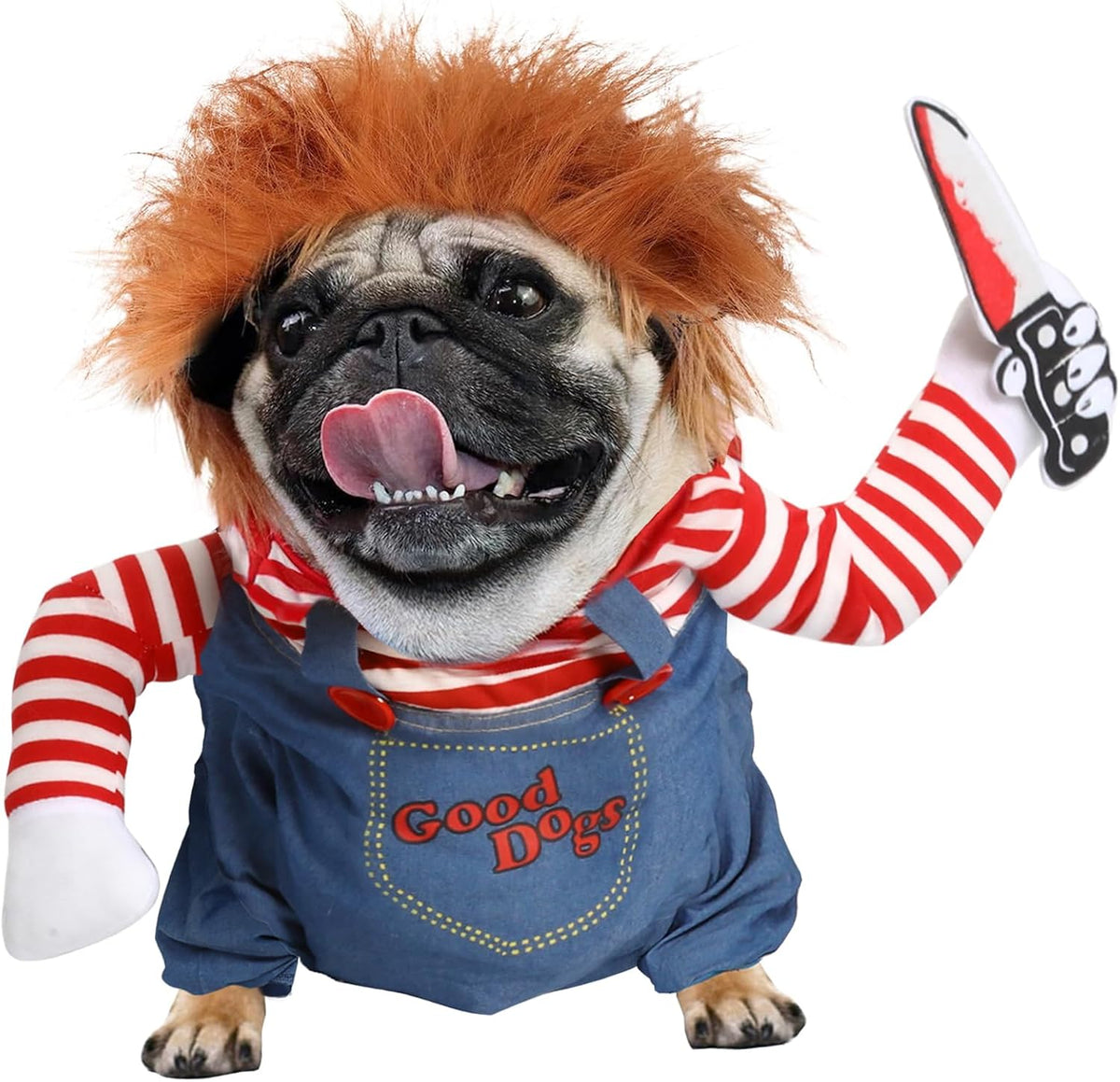 T2Y Chucky dog costume in denim with wig and detachable felt knife for large dogs