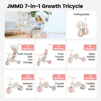 JMMD 7-in-1 Toddler Tricycle for Ages 1-5 - Pink - image 2