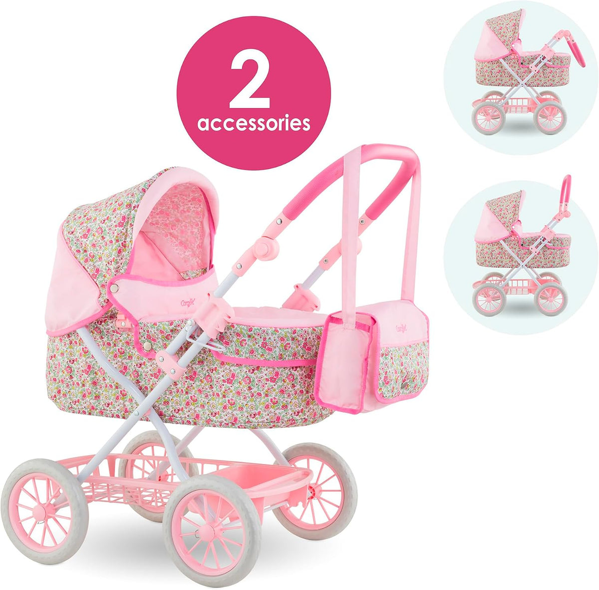 Corolle foldable pink baby doll stroller with carriage design, canopy and basket - view 2