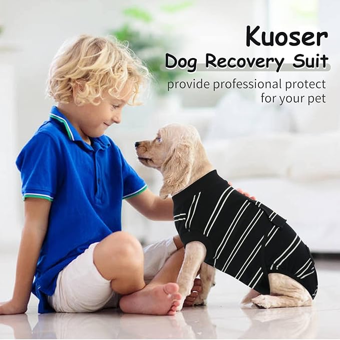 Kuoser Dog Surgery Recovery Suit for Female Male Dogs, Stripes Spay Neuter Anti-Licking Dog Onesie, Surgical Suit Snugly Pet Post Surgery Vest Bodysuit for Abdominal Wounds Skin Disease, Black L