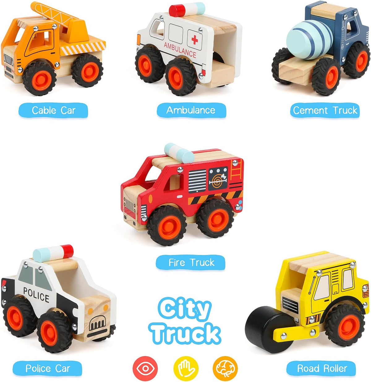 Dipalent wooden toy cars, six push and go vehicles including fire truck and police car - view 2