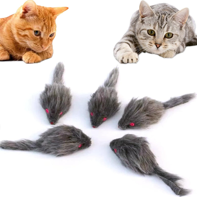 Cat Toys, 6 Pack Furry Rattle Mouse Toy Interactive Cat Toy with Feather Tail, 6 Assorted Faux Fur - 5PCS Faux Fur Grey Cat Mouse Toys