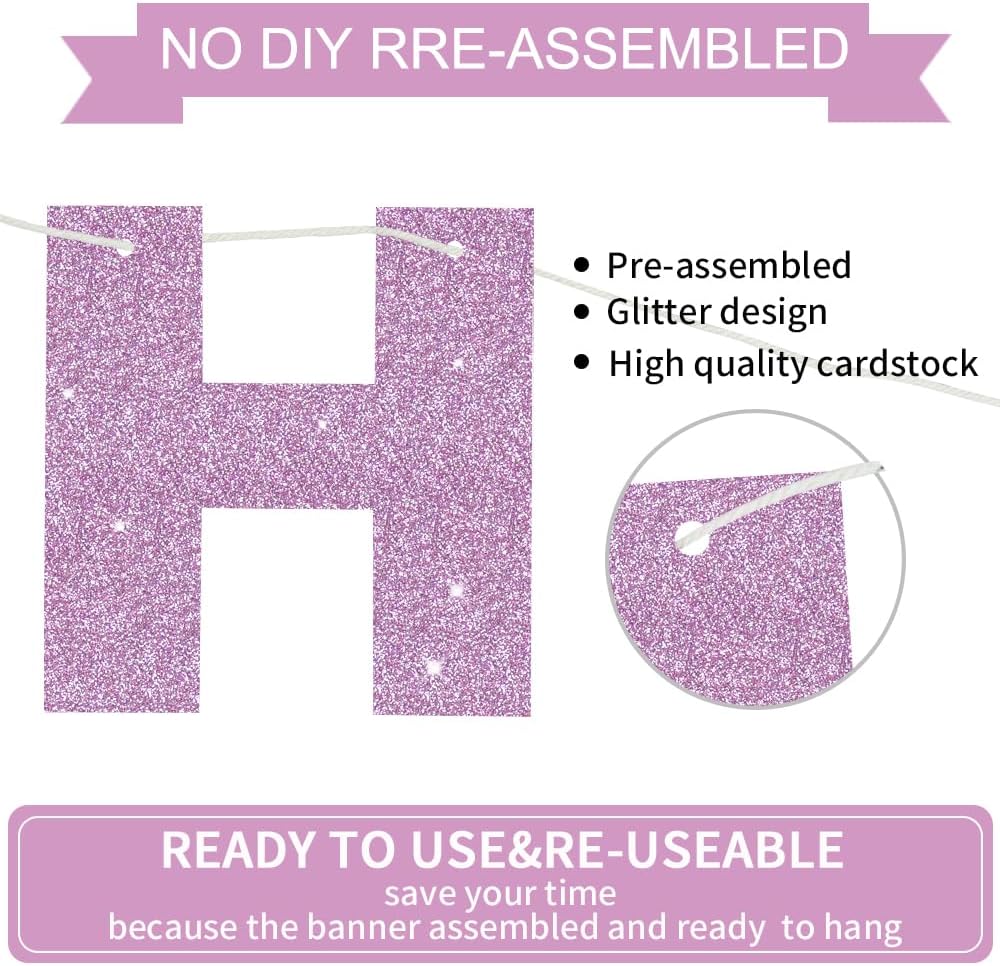 BEISHIDA Pre-Strung Glitter Pink Happy Birthday Banner Party Sign - light purple - image 2