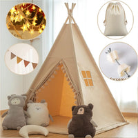 RONGFA cotton canvas kids teepee tent with pompom ball trim, floor mat and star light - view 5