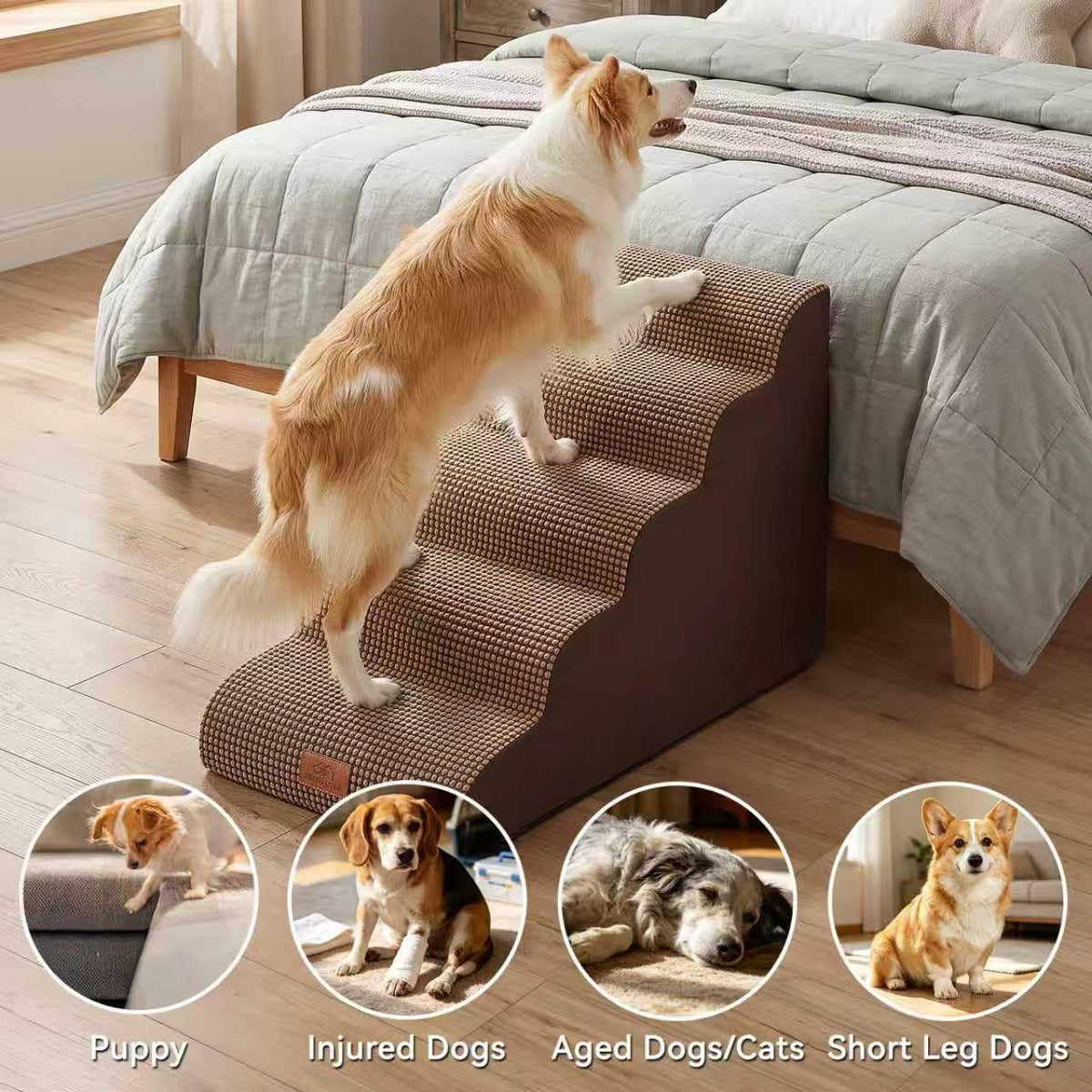 Zerbuger Dog Ramp and Stairs for Bed, Coffee 3 Steps 16" H - Coffee / 5 - image 3