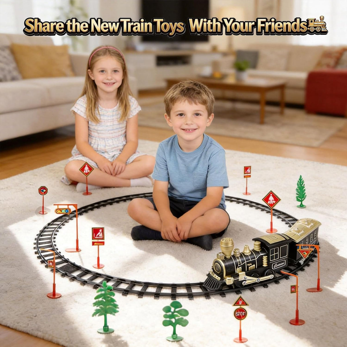 JUQU Train Set, Battery Operated Model Train Toy with Light - Black Gold - image 3