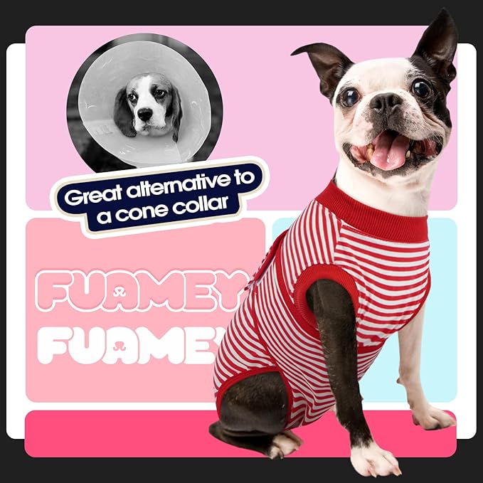FUAMEY Dog Recovery Suit Male,Dogs Surgery Neuter Suits Puppy Spay Shirts for Female Protect Dog's Skin Anti Licking Abdominal Wounds Doggie Onesie Pet Bodysuit Alternative to Cone Red Stripes S