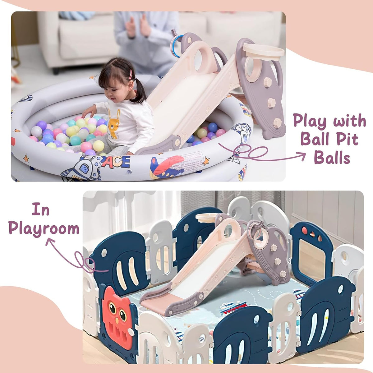 Onasti Kids Slide for Toddlers Age 1-3 with Basketball Hoop & Ring - Lila Pink - image 3