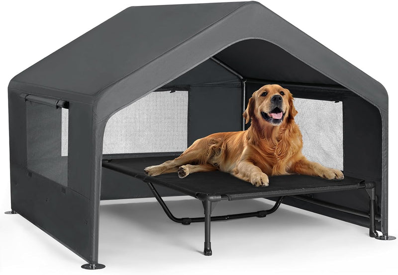 Veehoo Extra Large Dog House Outdoor Includes Elevated Dog - Gray Dog Tent with Elevated Dog Bed / 49.0"L x 49.0"W x 39.0"Th