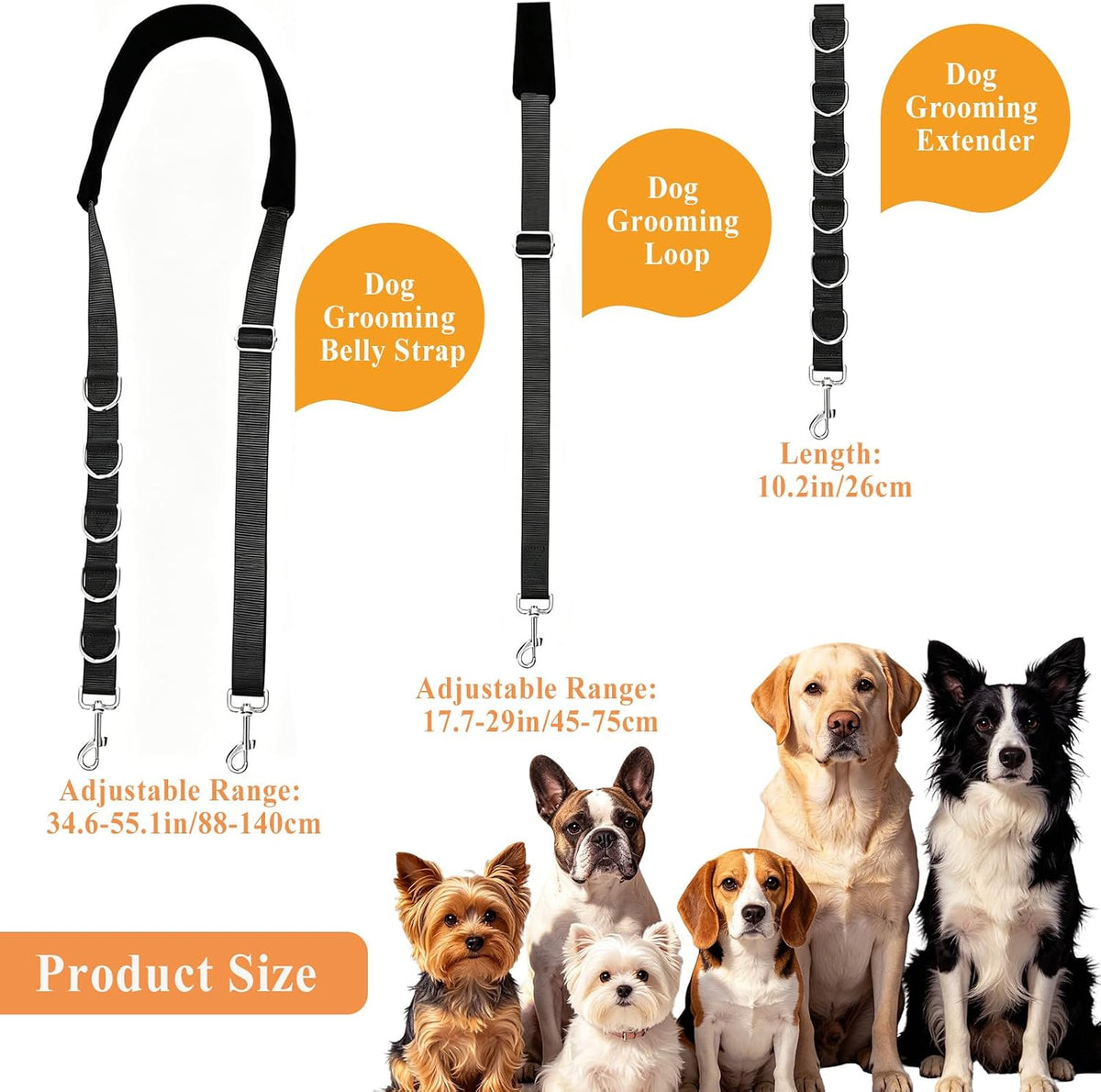Dog Grooming Belly Strap Belly Band & Loop 3 Sets Adjustable Dogs - black - image 2
