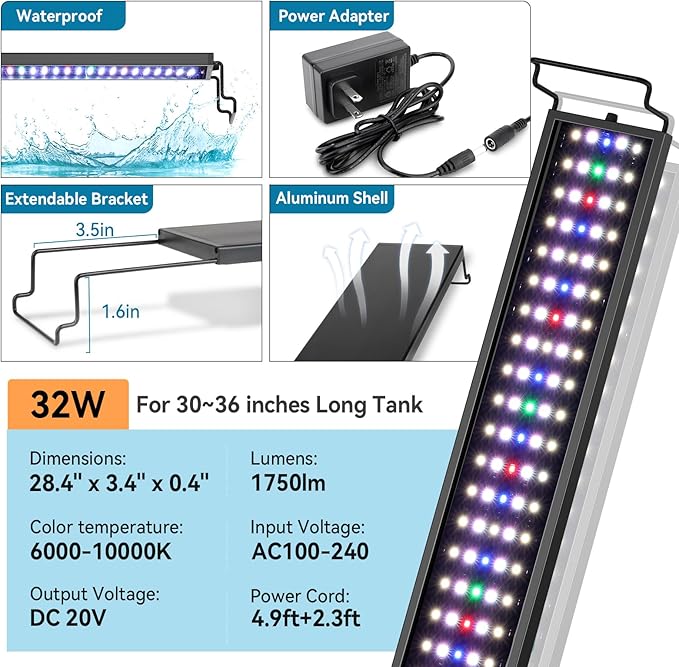 hygger Aquarium LED Light Fish Tank Full Spectrum Lighting with 24/7 Day-Night Cycle Mode & Auto On/Off Timer, 7 Colors Options, Dimmable, Extendable Bracket for 30~36in Tank Plant Lights