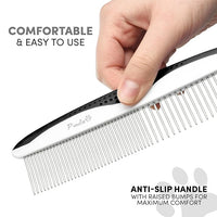Poodle Pet Dog Combs for Grooming | 2 Pack | Stainless Steel Teeth Easily Remove Dirt | Proper Care Prevents Knots and Mats for Long and Short Haired Pets | Anti-Slip Comfort Grip Handle (Black)