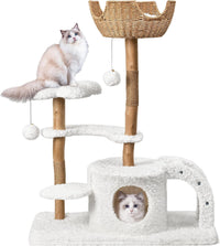 Easyego Modern Cat Tree, 26.3" Aesthetic Wood Cat Tree Tower for Small Cats – Essentials for Cats - White / 45.6''