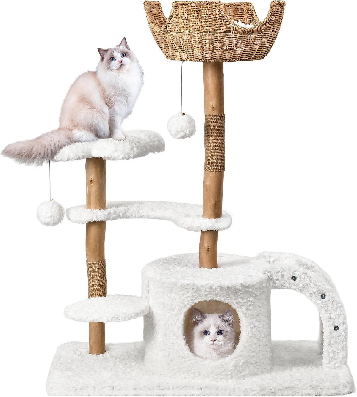 Easyego Modern Cat Tree, 26.3" Aesthetic Wood Cat Tree Tower for Small Cats – Essentials for Cats - White / 45.6''
