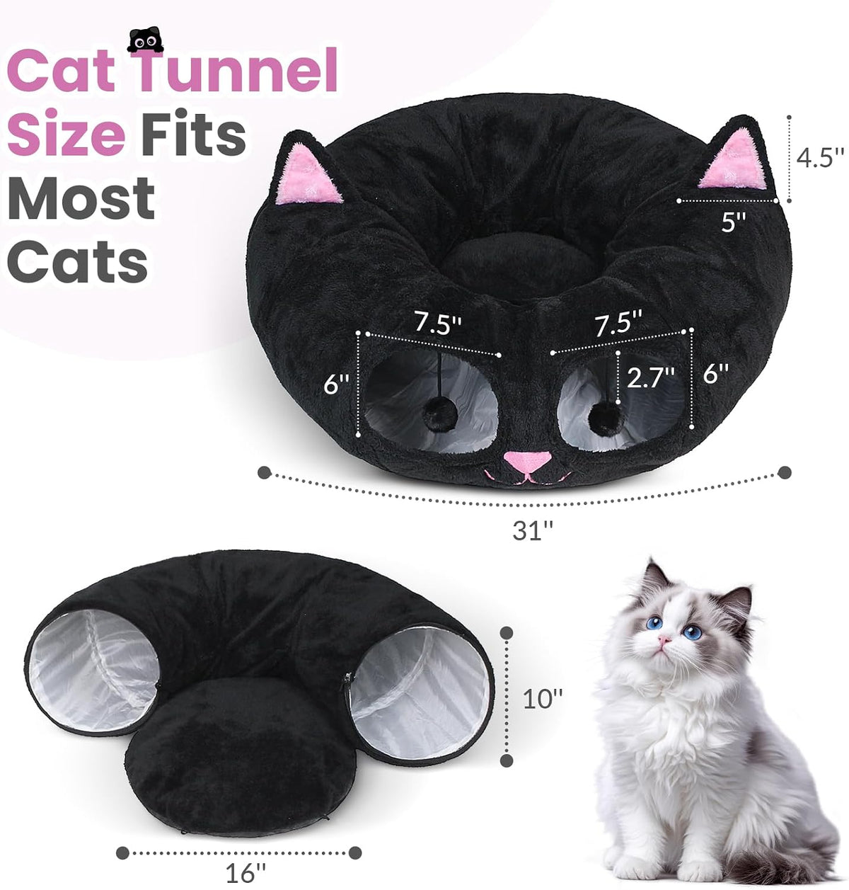 Cat Tunnel Bed for Indoor Cats - Black Pink - image 4