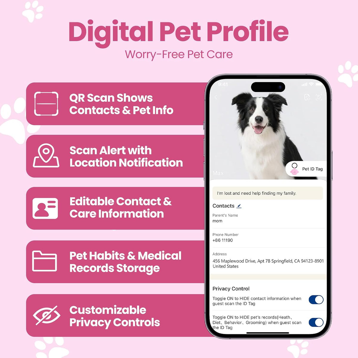 QR & NFC Pet ID Tag, Silent Silicone Dog Name Tag - Pink-dog - image 4