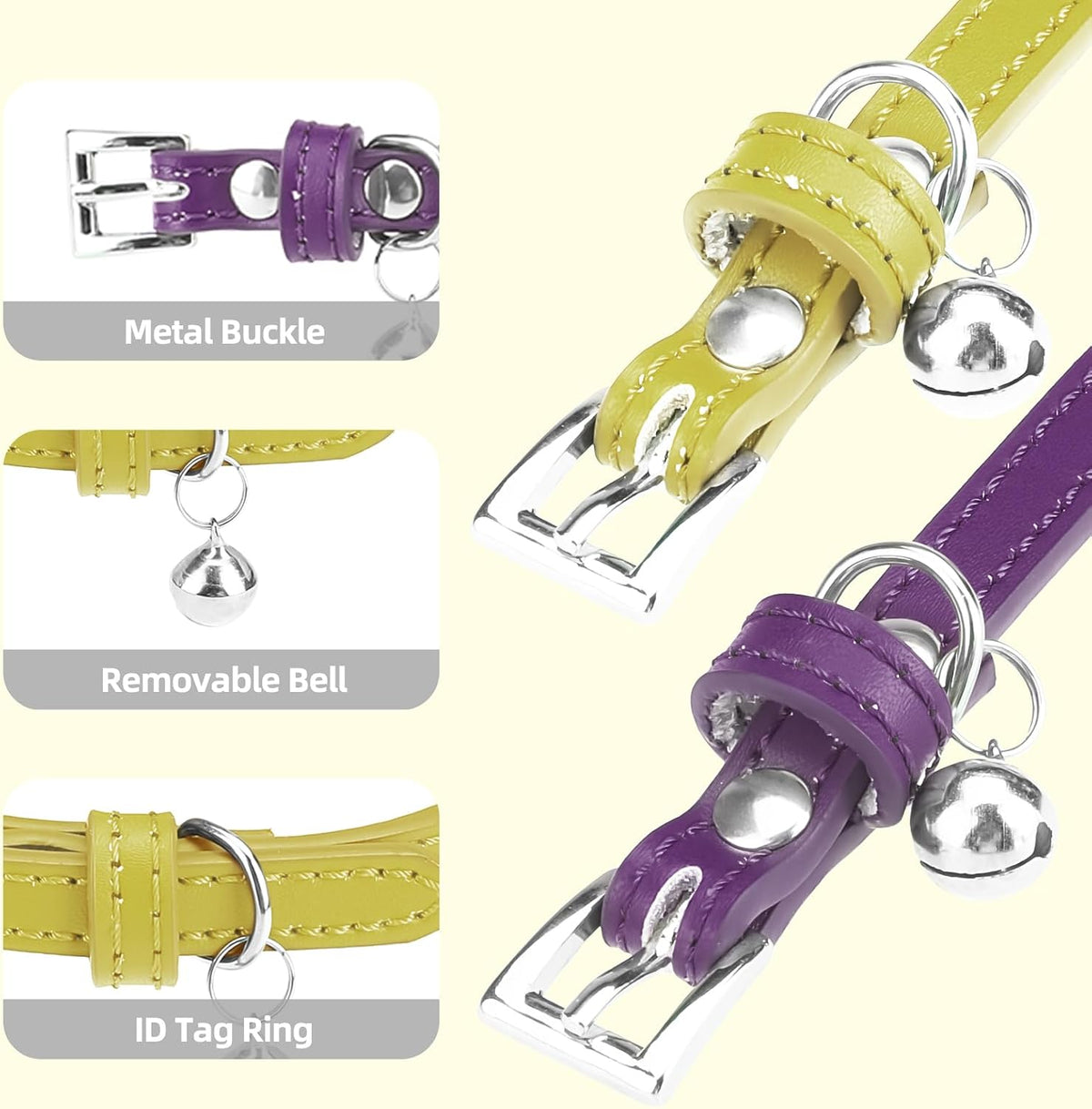 PUPTECK 2 PCS Soft Genuine Leather Cat Kitten Collar with Bells - Yellow Green & Deep Purple - image 3