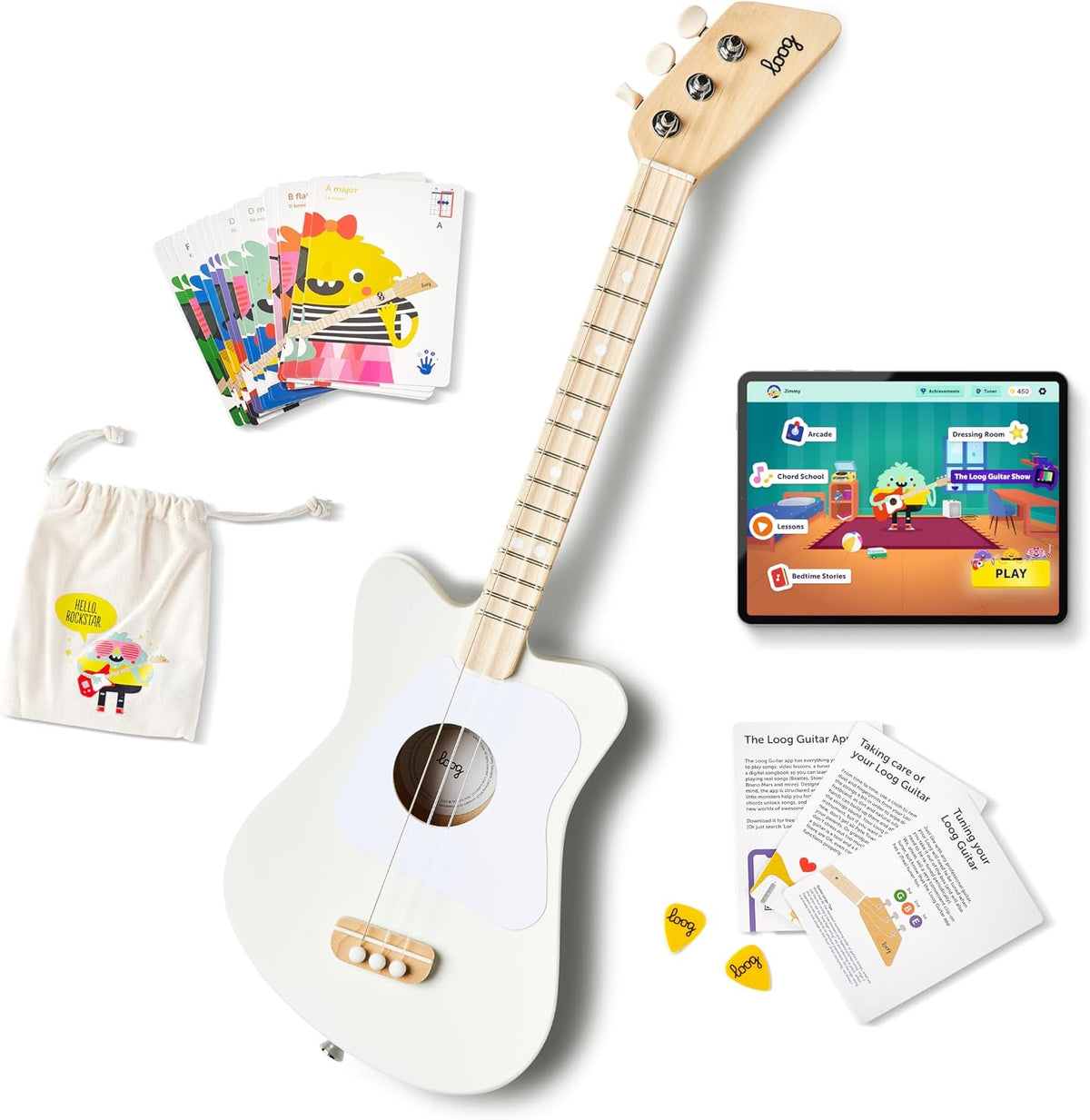 Loog Mini Acoustic kids Guitar for Beginners 3-strings Ages 3+ - White