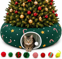 LUCKITTY Christmas cat tunnel bed with hanging ball and star pattern