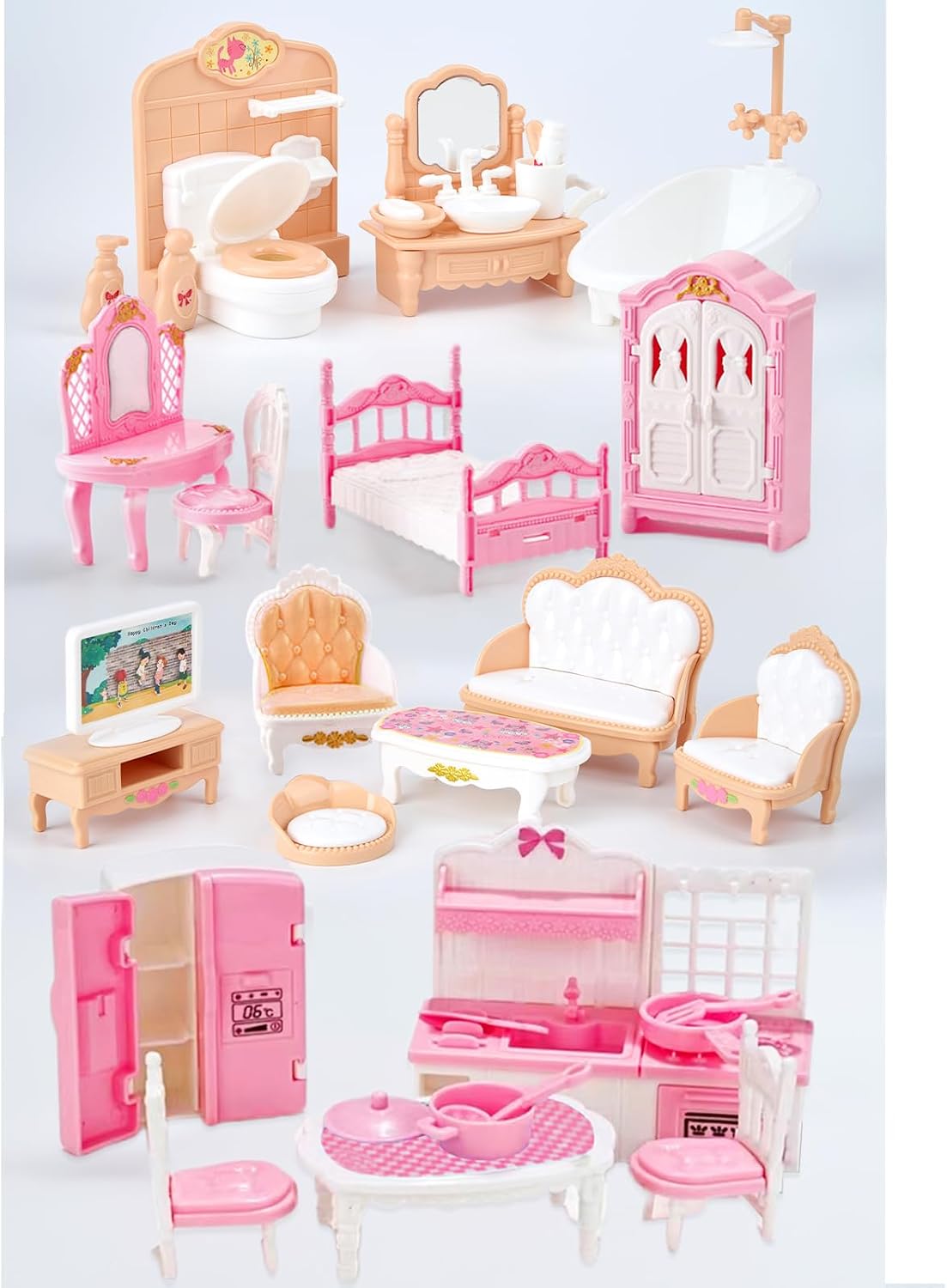 Thildani 35-piece pink and white dollhouse furniture set for bedroom, bathroom, living room and kitc - view 5