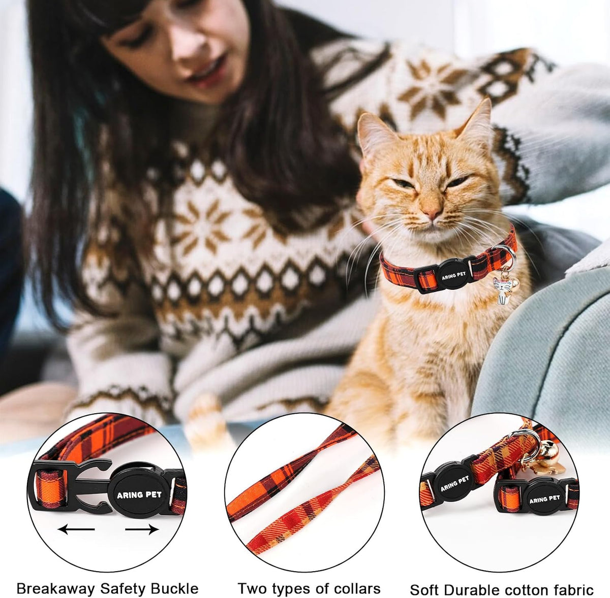 ARING PET 2 Pack Cat Collar-Cute Cotton Cat Collar Breakaway - halloween plaid - image 2